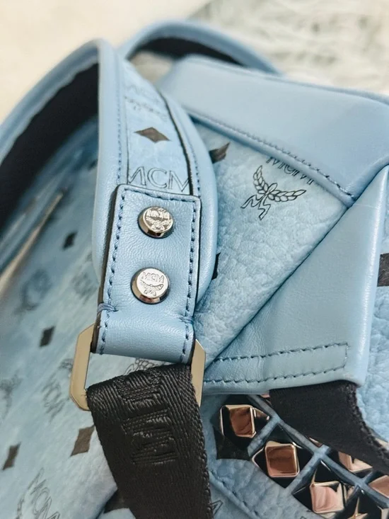 Authentic MCM Stark Mini Backpack Blue Visetos Studded 8x10x4 clean + Dust Bag - Picture 12 of 16